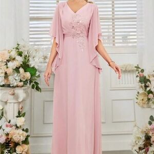 V-Neck Romantic Elegant Dress Floral Appliqué & Ruffled Sleeves